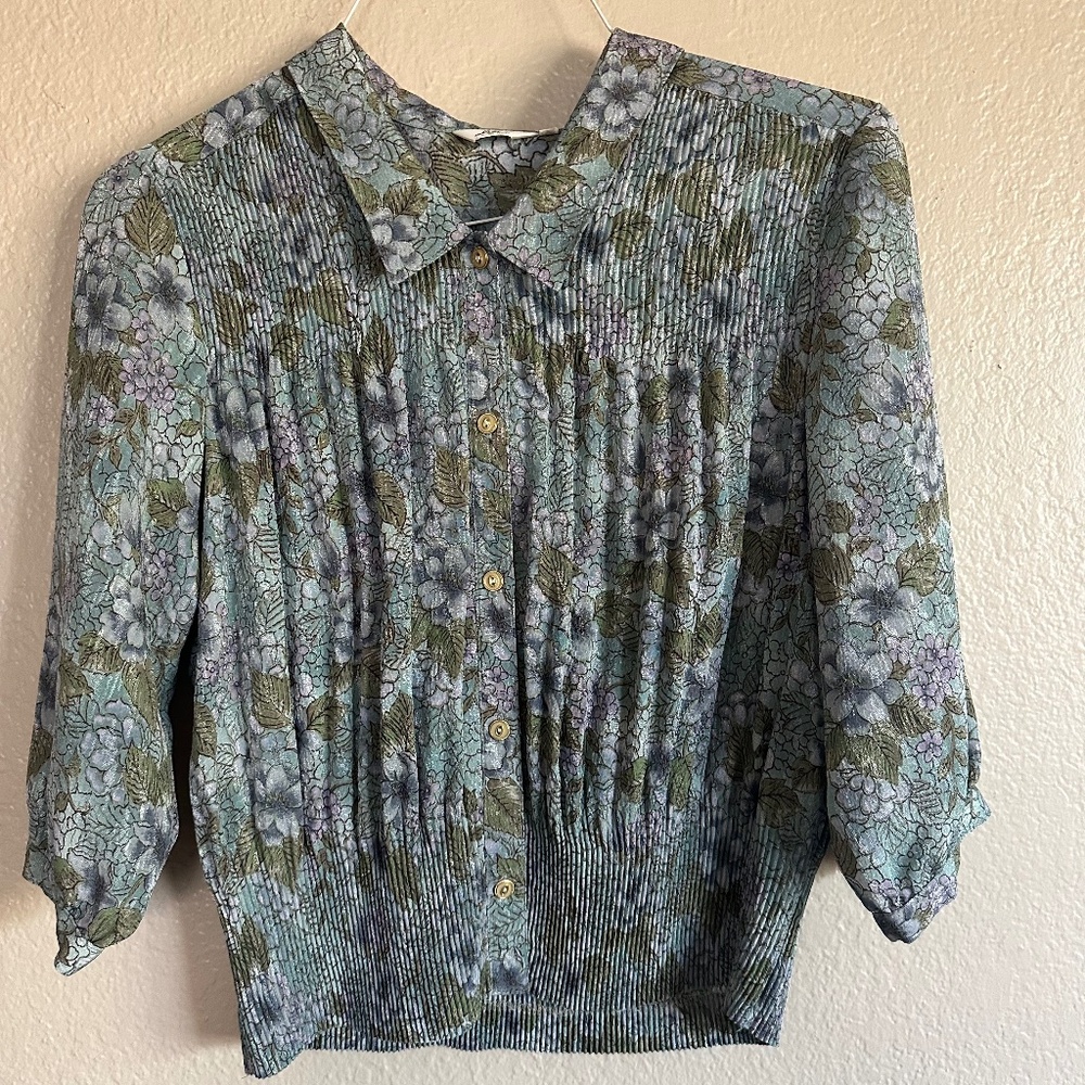 Vintage Japanese Pleated Floral Blouse Cottagecore GardenGirl Coquette